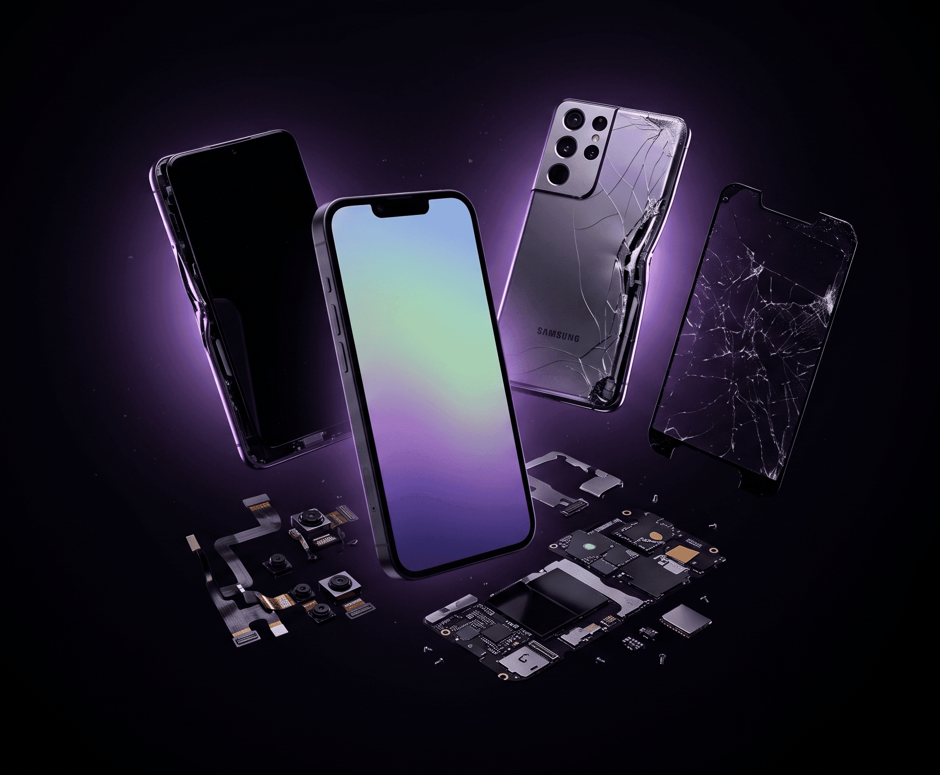 Smartphones and components floating against a dark background with purple light